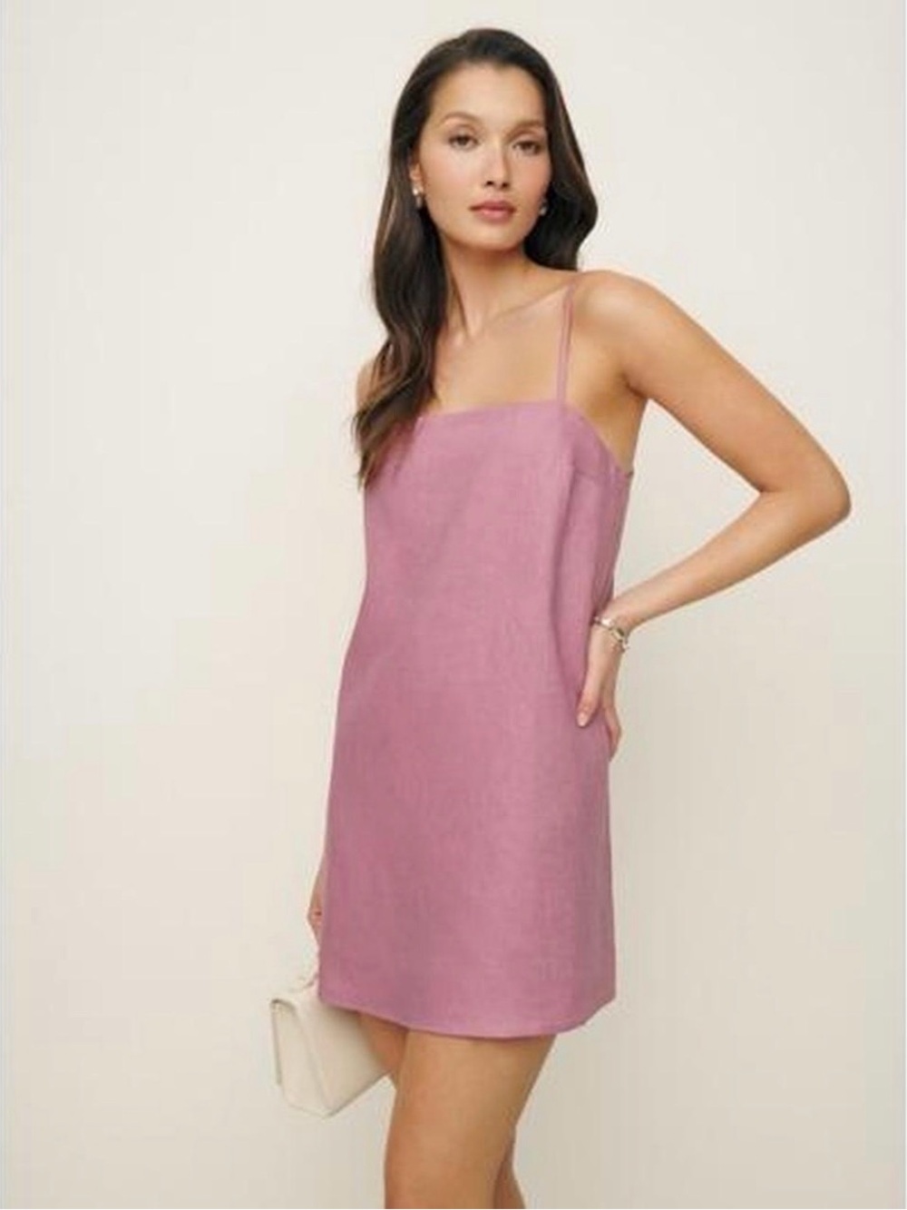 Reformation Aubree Rose Pink Linen Slip Dress with Spaghetti Straps